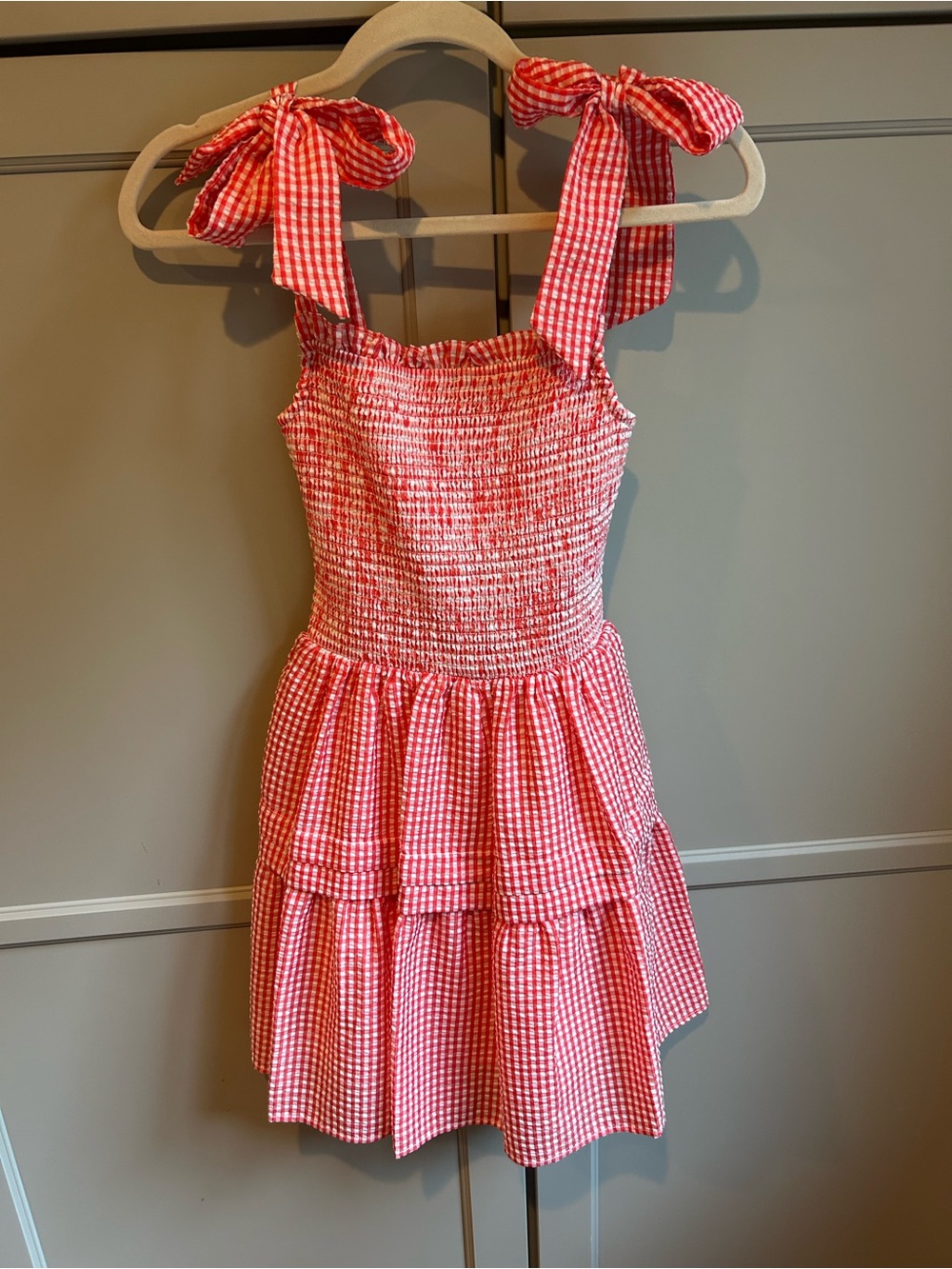 Red Gingham Tie-Shoulder Smocked Mini Dress
